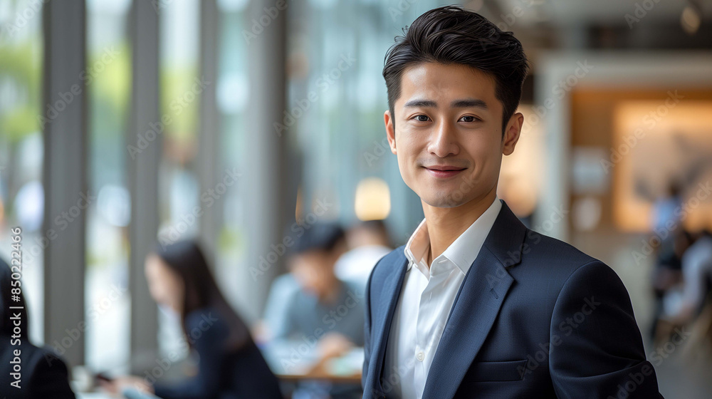 Asian businessman stands smartly, exuding confidence through his smile Asian businessman stands smartly, exuding confidence through his smile