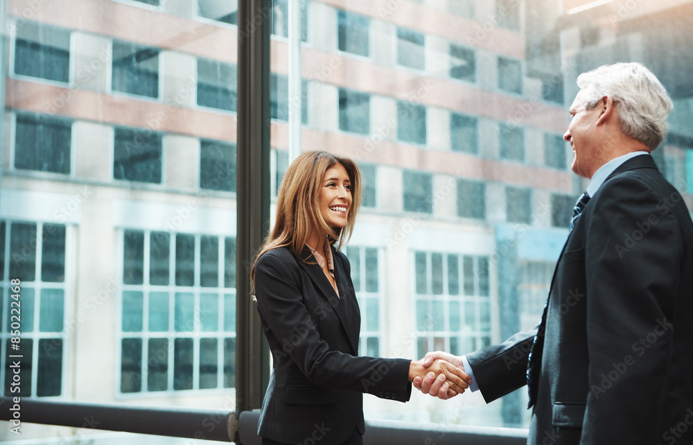 Woman, man and success or shaking hands for welcome, thank you for meeting in office. Partnership, handshake and trust with business greeting for b2b or teamwork, collaboration in workplace for deal Woman, man and success or shaking hands for welcome, thank you for meeting in office. Partnership, handshake and trust with business greeting for b2b or teamwork, collaboration in workplace for deal