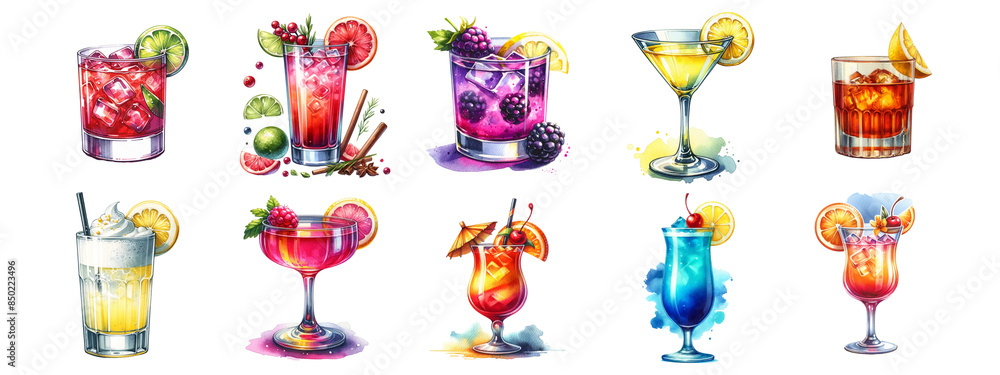 Set of watercolor cocktails on a white translucent background. Set of watercolor cocktails on a white translucent background.