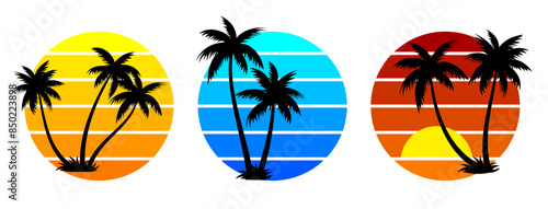 Summer tropical beach with sun and palm tree silhouette in vintage style. Summer background illustration for poster, flyer, t-shirt design.