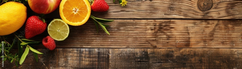 Fresh Fruit and Green Leaves on Rustic Wooden Background Fresh Fruit and Green Leaves on Rustic Wooden Background