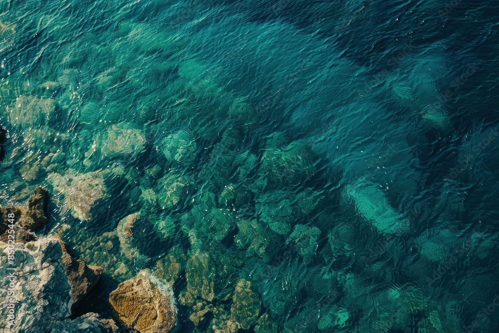 Aerial view of crystal clear water along the coastline with rocky seabed - generative ai Aerial view of crystal clear water along the coastline with rocky seabed - generative ai