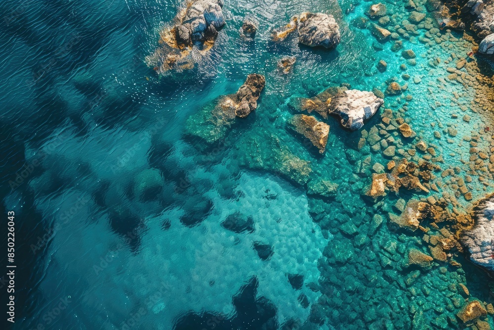 Aerial view of crystal clear water along the coastline with rocky seabed - generative ai Aerial view of crystal clear water along the coastline with rocky seabed - generative ai