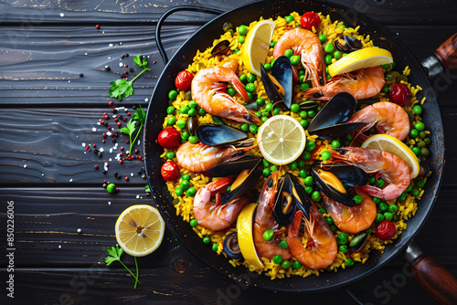 a pan of seafood with rice and vegetables photo