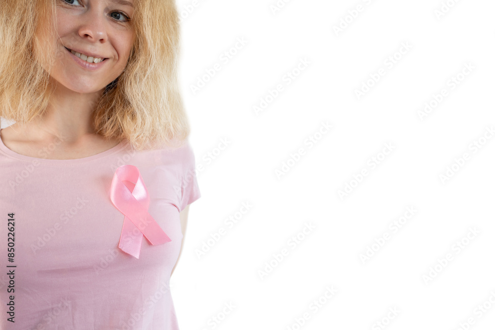breast cancer, woman with pink ribbon symbol, illness diagnosis and hope campaign, white background breast cancer, woman with pink ribbon symbol, illness diagnosis and hope campaign, white background