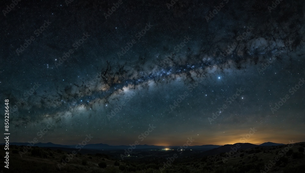Panoramic astrophotography of visible Milky Way galaxy. Stars, nebula and stardust at night sky Panoramic astrophotography of visible Milky Way galaxy. Stars, nebula and stardust at night sky