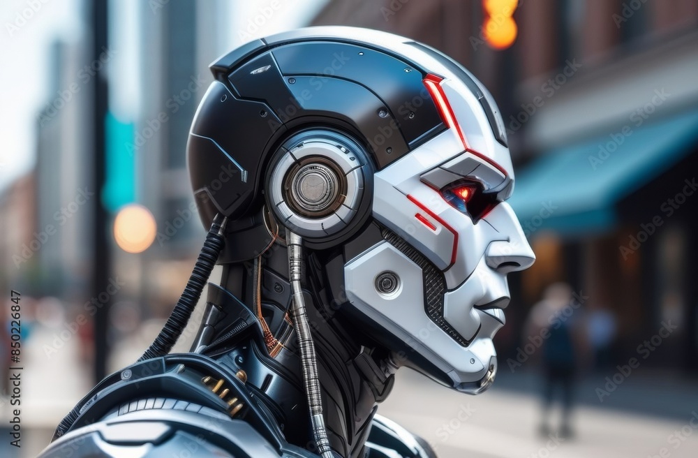 Robot head in profile on the street Robot head in profile on the street