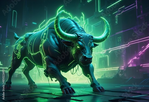 cyberpunk A large muscular Bull charging through a glowing neon | cyberpunk A large muscular Bear charging through a glowing neon