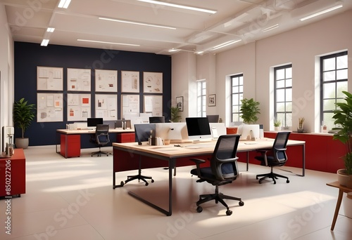 Photorealistic 3D visualization of a stylish, contemporary open space office interior