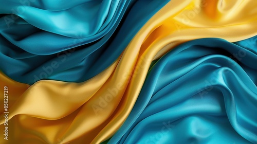 Abstract bright teal, blue, yellow soft fabric wavy folds.