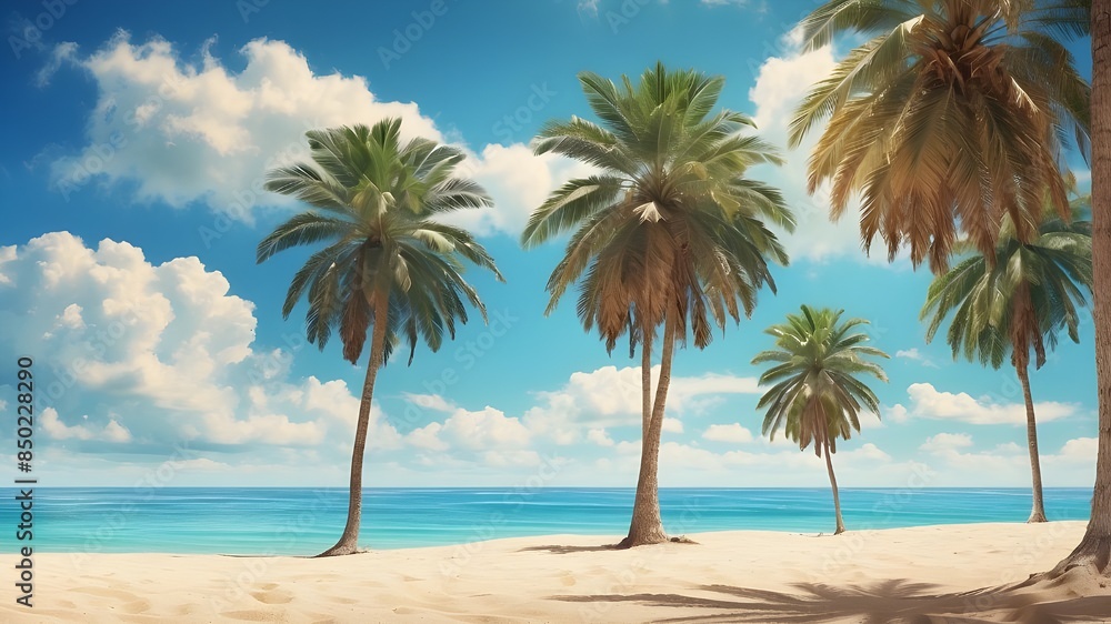 Fototapeta premium View of the blue sky and palm trees below, tropical beach and summer background in a vintage style, vacation idea