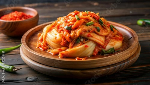 traditional Korean kimchi, served in a wooden bowl and garnished with green onions
