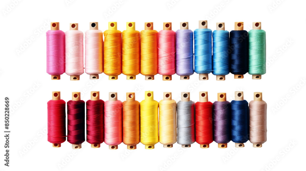 Colorful Spools of Thread Arranged in Two Rows on White Background Colorful Spools of Thread Arranged in Two Rows on White Background
