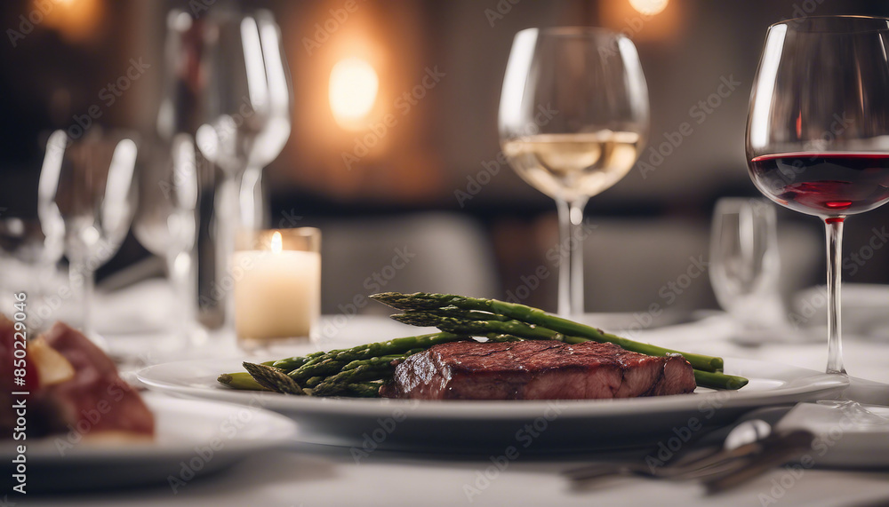 glass of wine and grilled red meat with Asparagus on the table of luxury restaurant, romantic dinner
glass of wine and grilled red meat with Asparagus on the table of luxury restaurant, romantic dinner