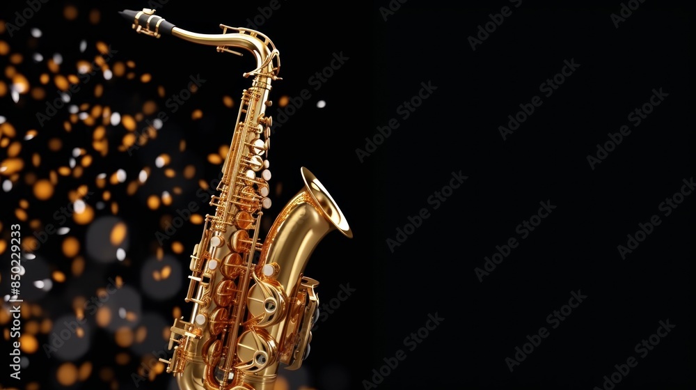 Obraz premium close-up of a saxophone with a dark background and bokeh light effect, highlighting the intricate details and golden color of the instrument