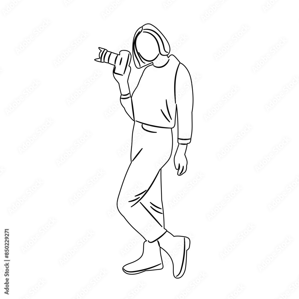 Fototapeta premium woman holding a camera outline sketch, vector