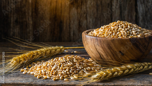 Wheat' on a rustic wooden background
