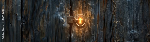 Aged wooden door with glowing keyhole