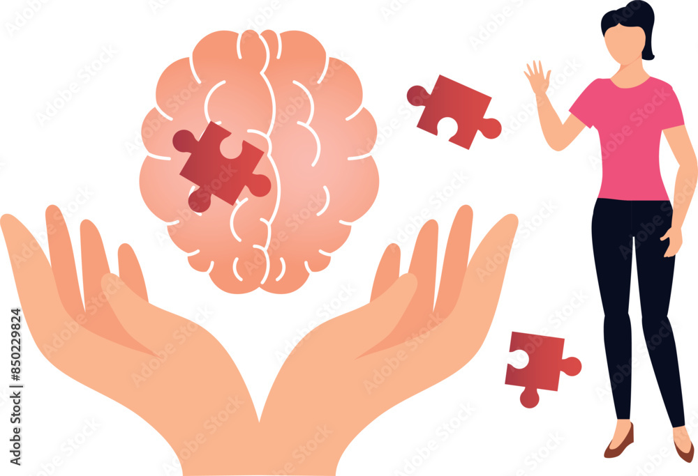 The female is stands next to puzzle pieces for brains. The female is stands next to puzzle pieces for brains.