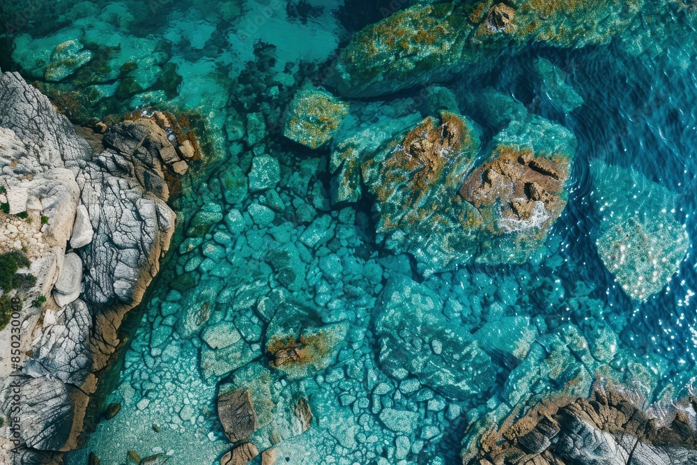 Aerial view of crystal clear water along the coastline with rocky seabed - generative ai Aerial view of crystal clear water along the coastline with rocky seabed - generative ai