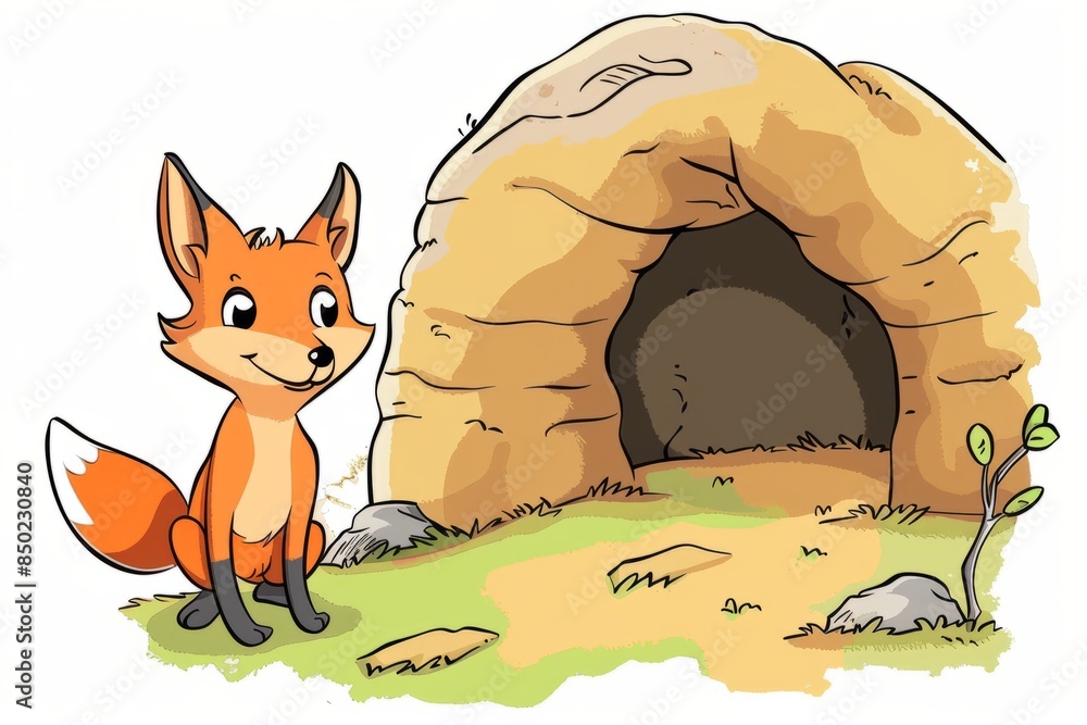 Φωτογραφία Cartoon cute doodles of a curious fox observing the entrance to a hidden undergr