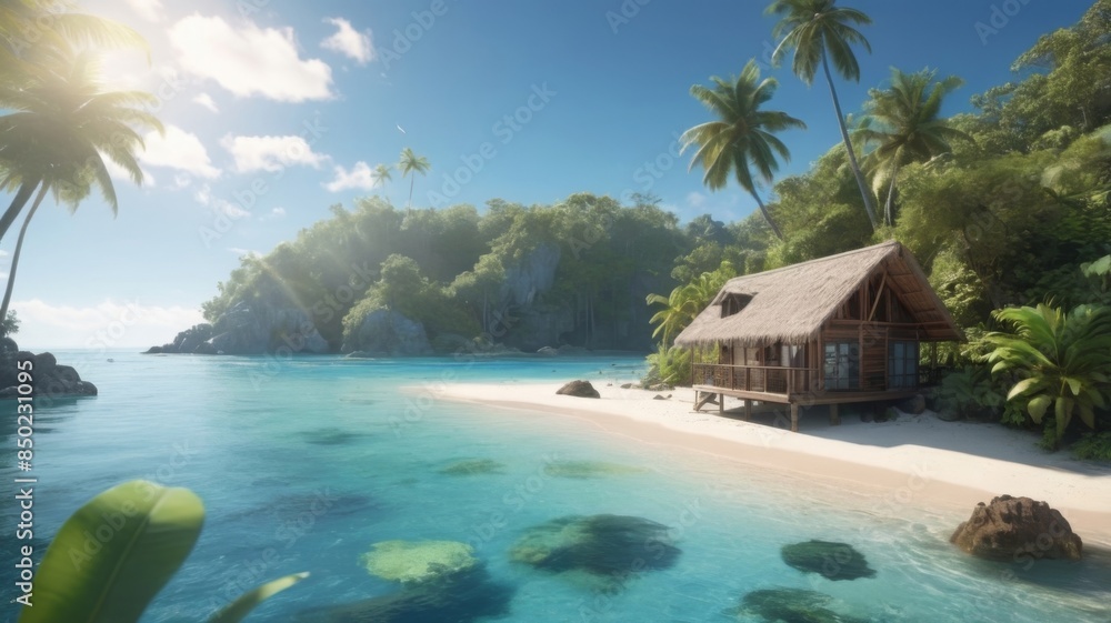 Vacation Travel. hut, beach, summer, blue lagoon, clear water, palm trees, sun beams
