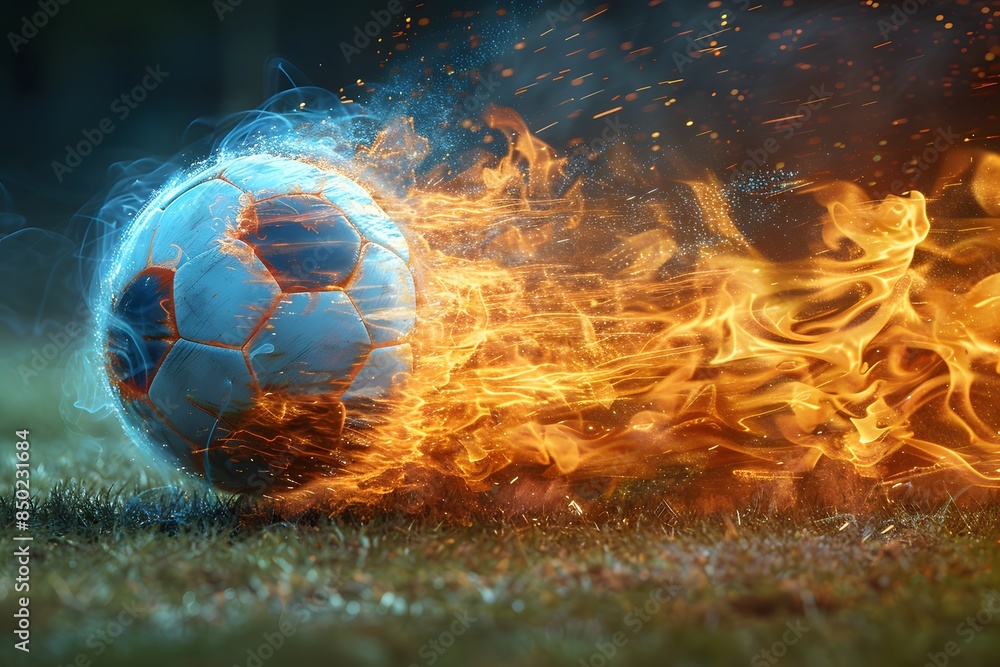 Fototapeta premium Dynamic Soccer Ball in Burning Flames and Blue Energy Effect for Sports Design