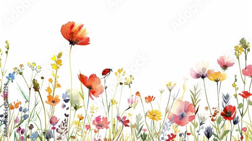 Beautiful watercolor painting of a vibrant wildflower field, showcasing various flowers and plants in full bloom against a white background.