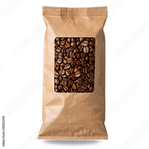 A brown paper pack filled with roasted coffee beans, featuring a transparent window, on a white background, png