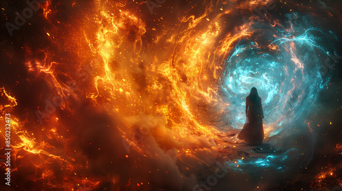 Silhouette of a figure standing in a portal with fiery and icy swirls © Another Galaxy