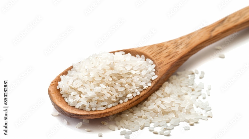 wooden spoon filled with polished white rice on isolated white background wooden spoon filled with polished white rice on isolated white background