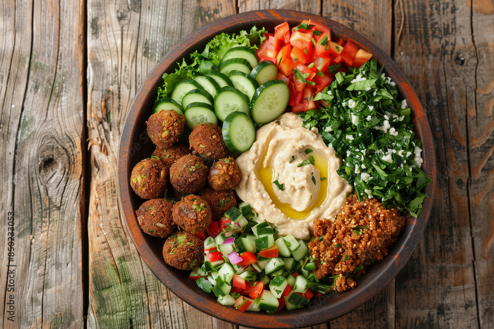 A bowl of food with a variety of vegetables and dips. The bowl is on a wooden table A bowl of food with a variety of vegetables and dips. The bowl is on a wooden table