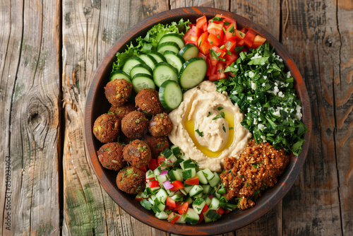 A bowl of food with a variety of vegetables and dips. The bowl is on a wooden table