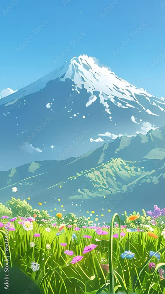 Sunlit Serenity Blooming Garden Under Majestic Peaks background video Sunlit Serenity Blooming Garden Under Majestic Peaks background video