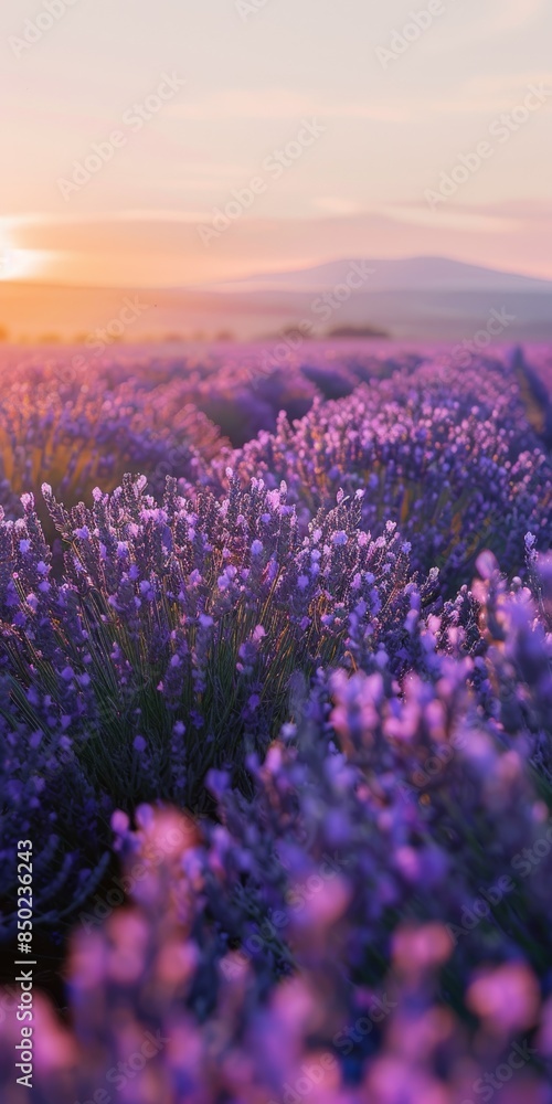 Obraz premium Lavender Field At Sunset With Mountain Views