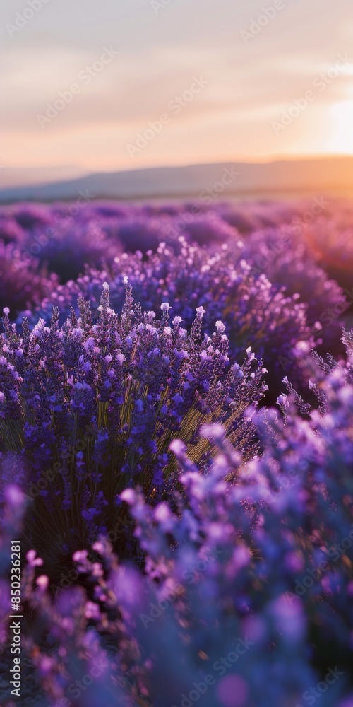 Naklejka premium Lavender Field At Sunset With Mountain Views