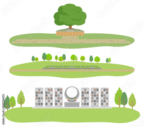 墓地霊園で樹木葬、合葬墓のある風景