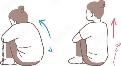 姿勢がいい女性と悪い女性の後ろ姿のイラスト素材