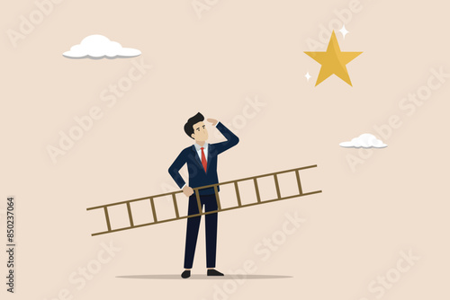 Business opportunity, ladder of success or aspiration to achieve business goal concept, ambitious businessman trying to climb the ladder to reach a shining star.
