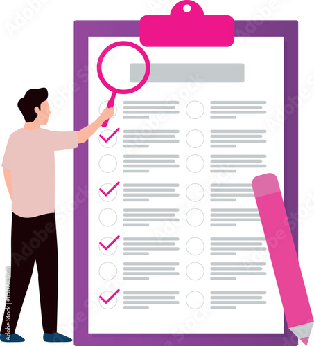 Boy searching list on clipboard paper.