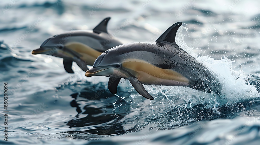 Fototapeta premium Two dolphins gracefully leaping out of the ocean water, capturing the beauty and elegance of these intelligent marine mammals in their natural habitat.