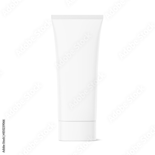 Blank plastic tube mockup for cosmetics with cap. Front view. Vector illustration isolated on white background. Can be use for your design, advertising, promo and etc. EPS10.