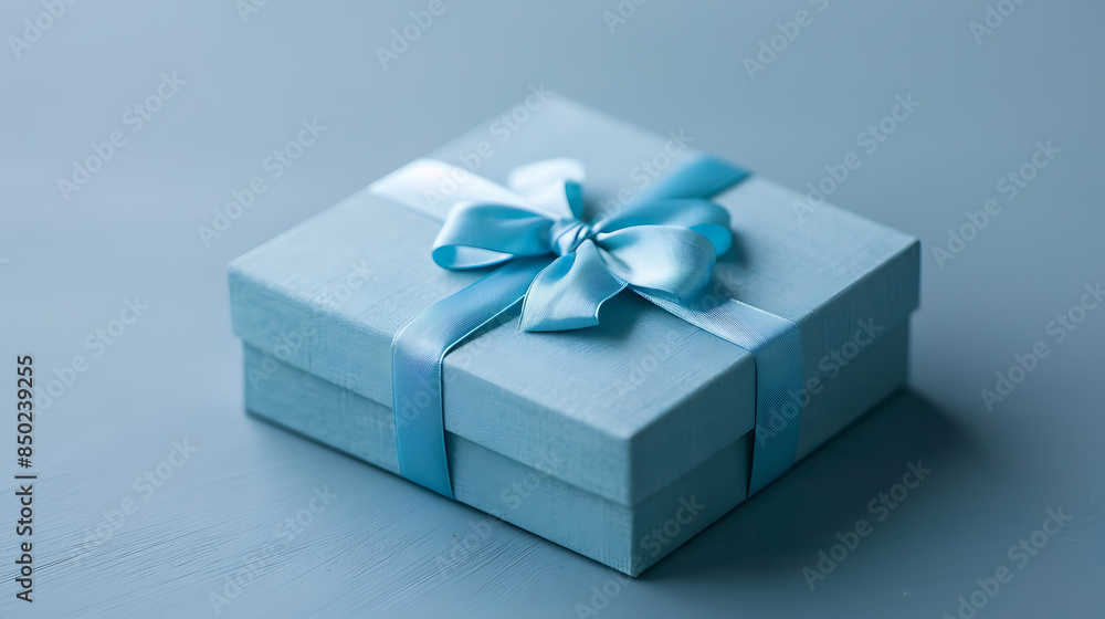 Blue gift box with a bow on a blue background, close up Blue gift box with a bow on a blue background, close up