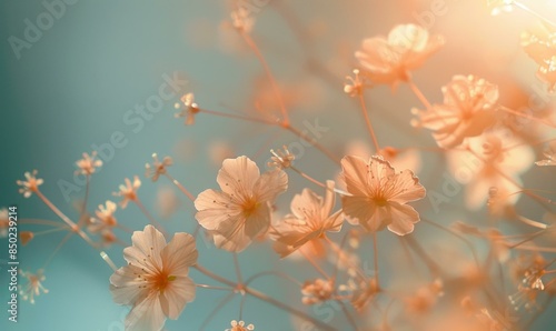 Close-up of delicate peach-colored flowers with a blurred background. AI.