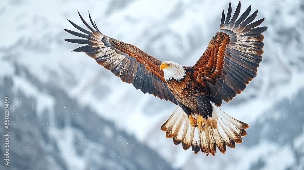 Fototapeta premium Bald eagle soaring over snow-covered mountains, showcasing its majestic wingspan and powerful flight in the wild.