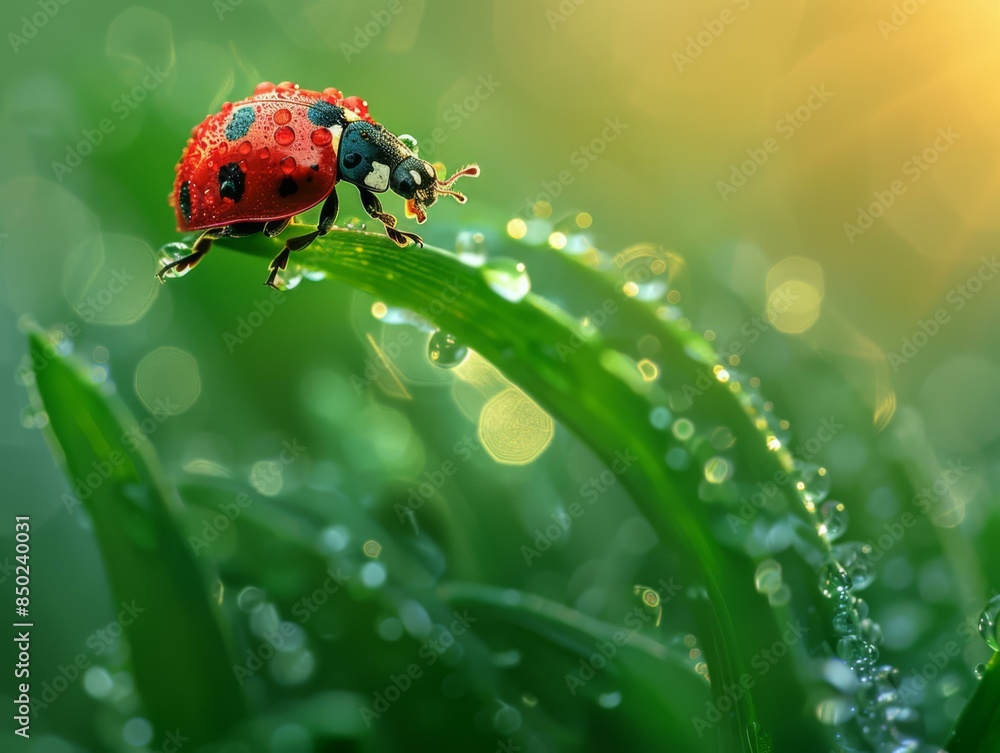 Fototapeta premium A ladybug on a blade of grass, with dew on the grass. AI.