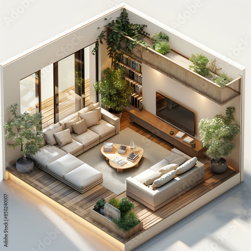 Isometric 3d living room illustration with love shaped table, big screen, and green plants decoration