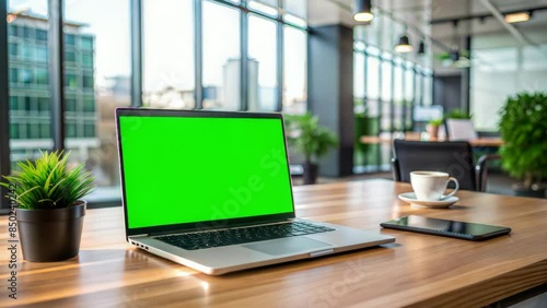 Workspace Elegance, Modern Office Desk with Green Screen Laptop