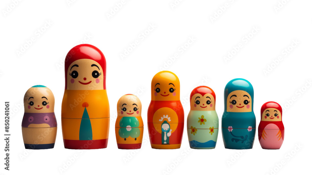 Colorful Wooden Nesting Dolls Arranged in a Row on a White Background Colorful Wooden Nesting Dolls Arranged in a Row on a White Background