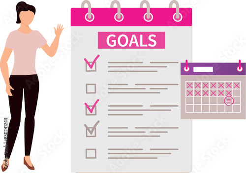 The girl is telling the goals set according to the calendar.